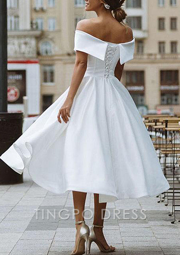 TingPo Wholesale A-line Off-the-Shoulder Short Sleeve Satin Tea-Length Homecoming Dress With Pleated Ruffles
